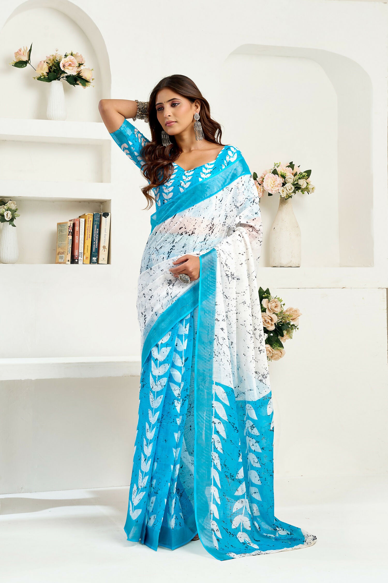 Joban Fashion White Leaf Linen Ready To Wear Saree With Unstitched Blouse