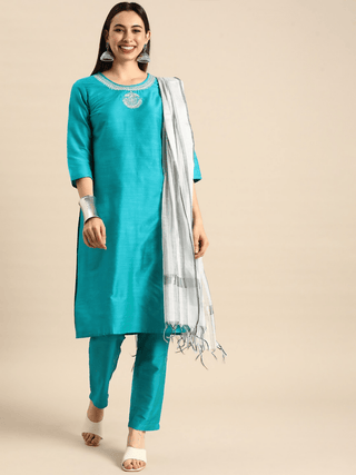 Anouk Women Teal Blue Yoke Design Regular Kurta with Trousers & Dupatta - Distacart