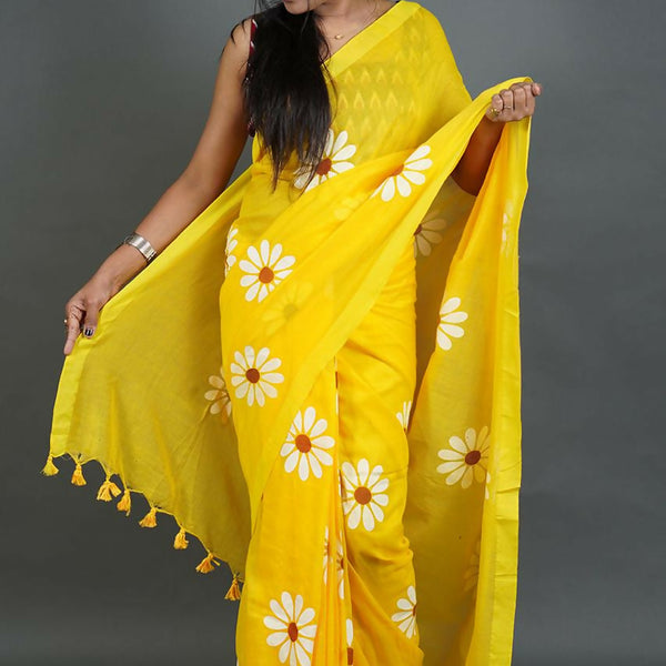 Exclusive Collection Yellow Pure Cotton Saree With Sunflower Design