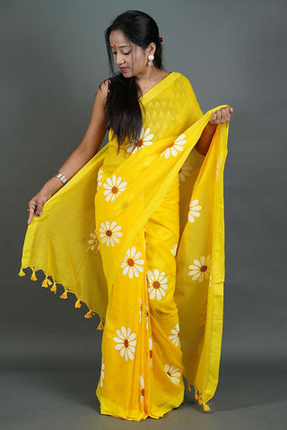 Exclusive Collection Yellow Pure Cotton Saree With Sunflower Design