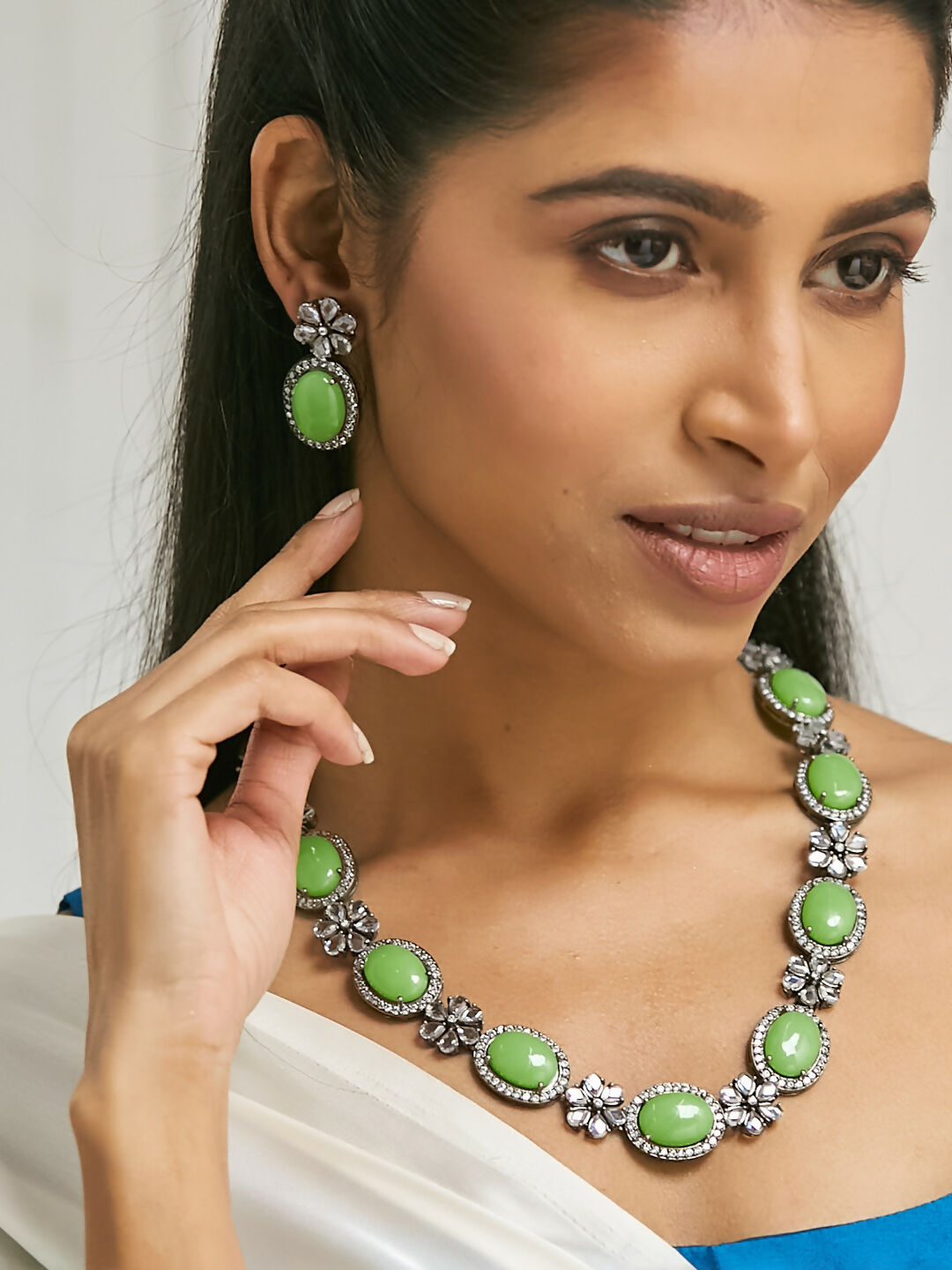 Nuyug Antique Silver Plated Crystal Studded Faux Jade Stones Embellished Necklace Set