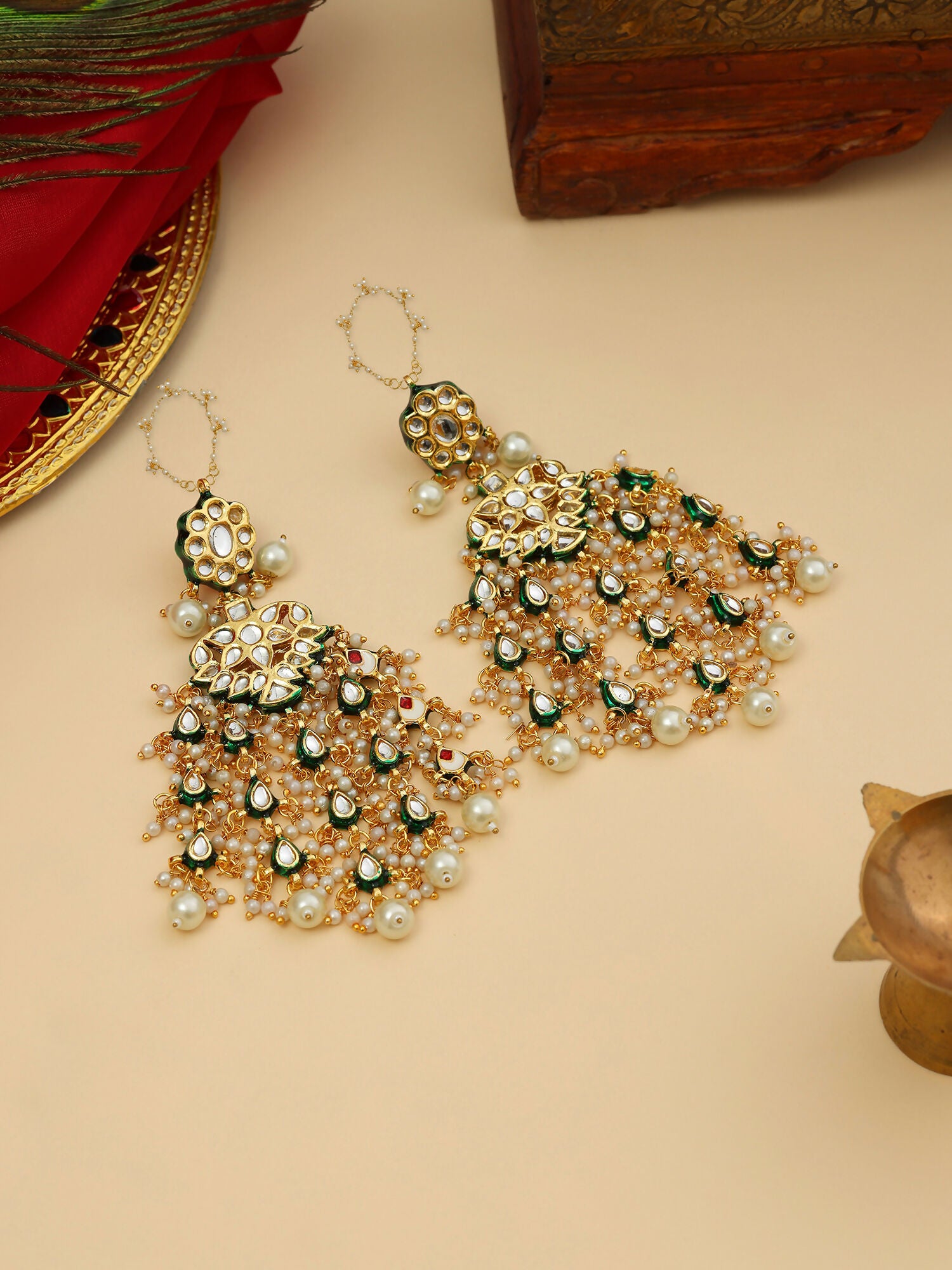 Ruby Raang 22k Gold Polished Kundan Chand Earrings With Ear Chains