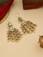 Thumbnail for Ruby Raang 22k Gold Polished Kundan Chand Earrings With Ear Chains