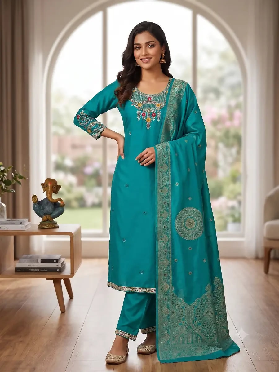 Teeya Creation Rama Green Embroidered Silk Straight Kurta Pant Set with Dupatta - Dista