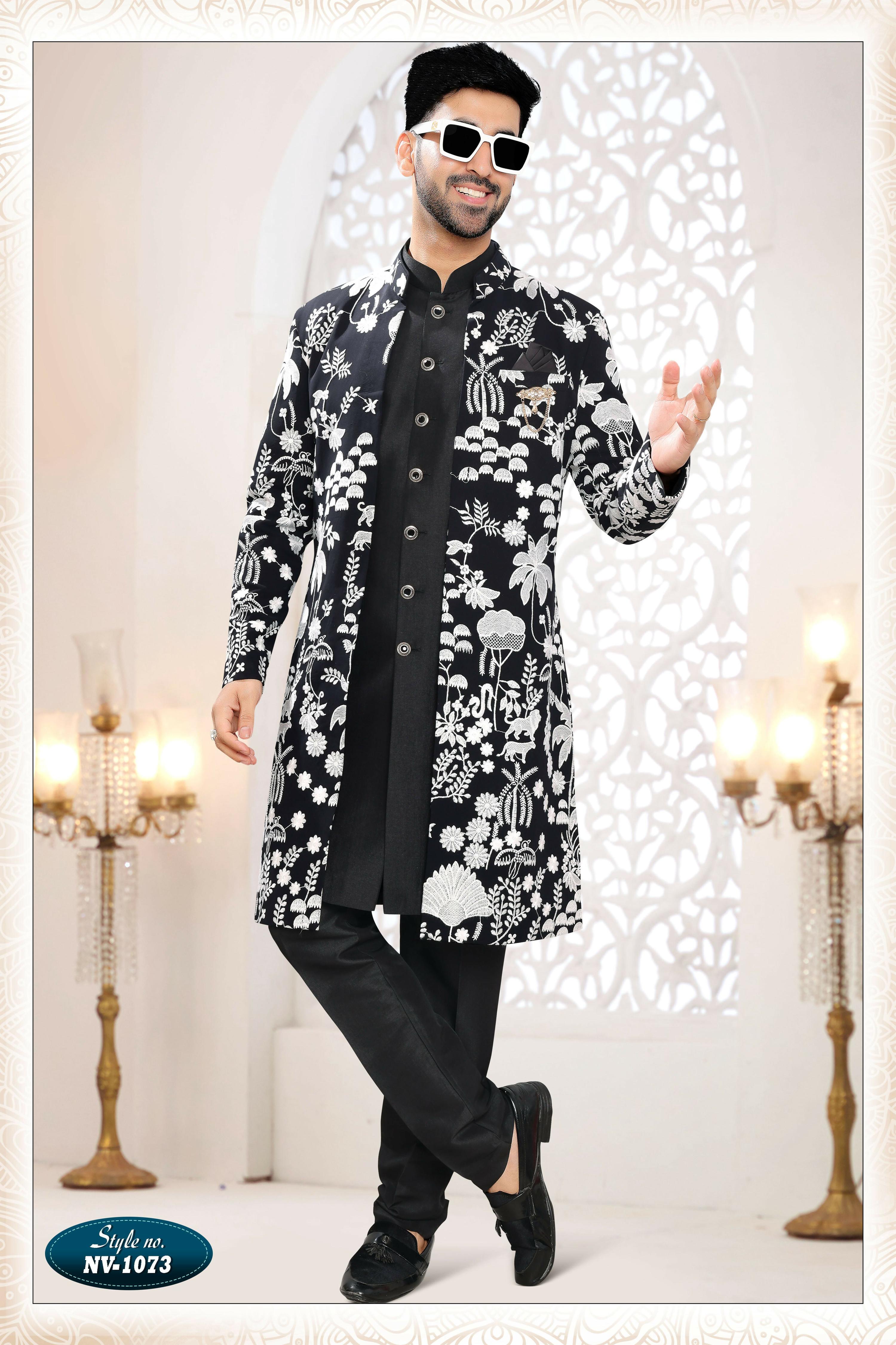 Joban Fashion Men's Black Straight Georgette Thread Embroidery All Over 3 Pc Kurta Set - Distacart