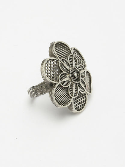 NVR Women's Silver-Toned Floral Shape Adjustable Finger Ring - Distacart
