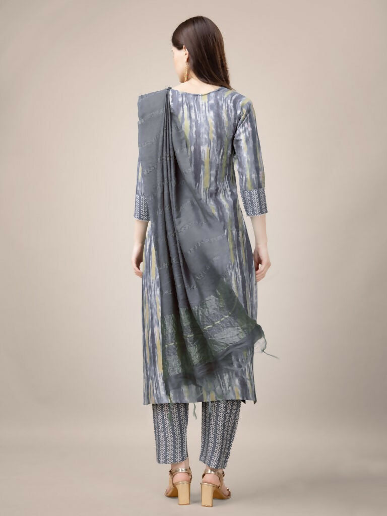 Jyoti Fashion Women's Grey Rayon Print with Embroidery & Fancy Lace Work Kurta with Trouser & Dupatta - Distacart