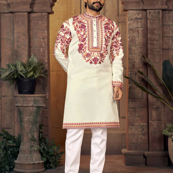 Anaita White Multi Thread Work Silk Straight Kurta - Distacart