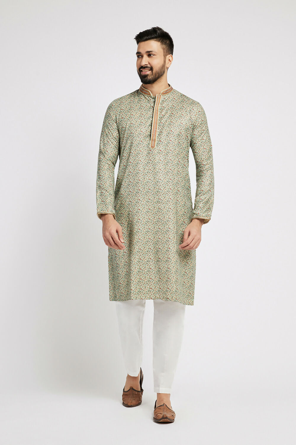 Ethnic India Blue Men's Kurta Floral Polyester - Distacart