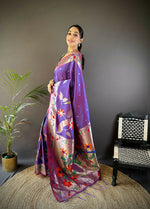 Thumbnail for Joban Fashion Purple Zari Woven Floral Motifs Soft Silk Paithani Silk Saree - Distacart