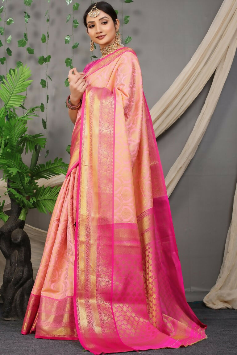 Jyoti Fashion Women's Peach Kanjivaram Silk Zari Woven Saree with Blouse - Distacart
