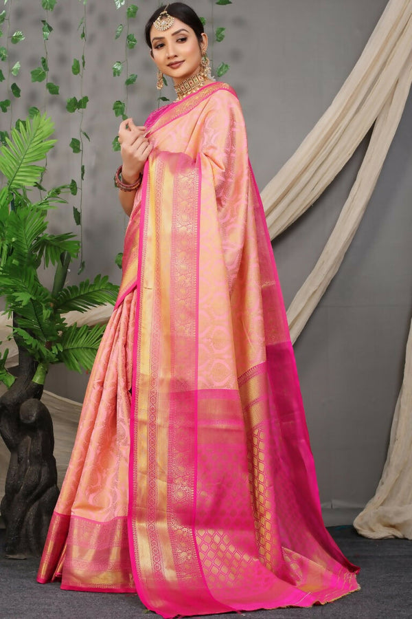 Jyoti Fashion Women's Peach Kanjivaram Silk Zari Woven Saree with Blouse - Distacart