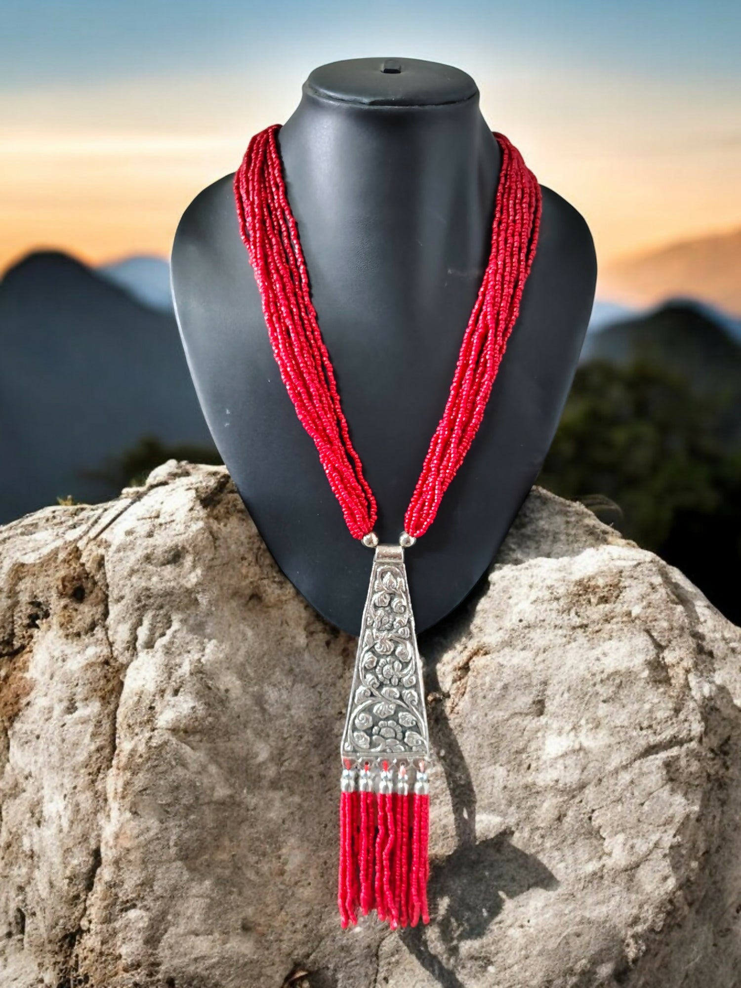 Inhanns Day-To-Dinner Tie Shaped Oxidized Black Metal Multi-Layered Long Only Necklace - Red Necklace - Distacart
