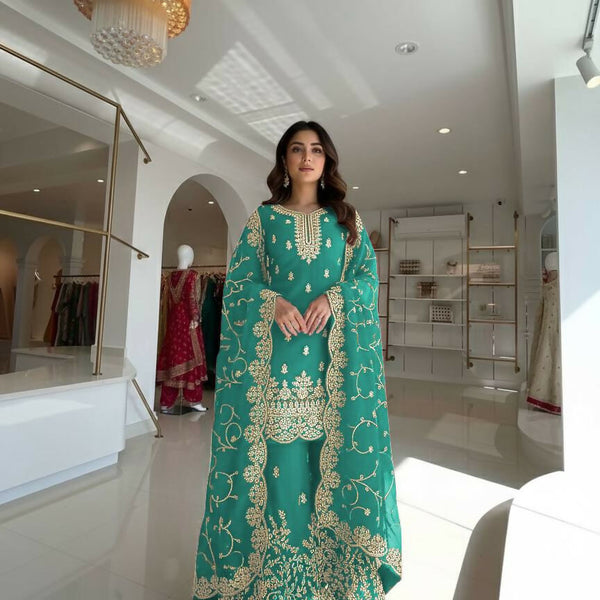 Teeya Creation Turquoise Pure Silk Gimmy Silk Heavy Embroidery Work Wedding Wear Palazzo Pair - Distacart