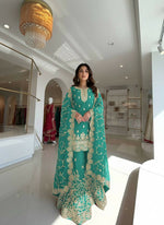 Thumbnail for Teeya Creation Turquoise Pure Silk Gimmy Silk Heavy Embroidery Work Wedding Wear Palazzo Pair - Distacart