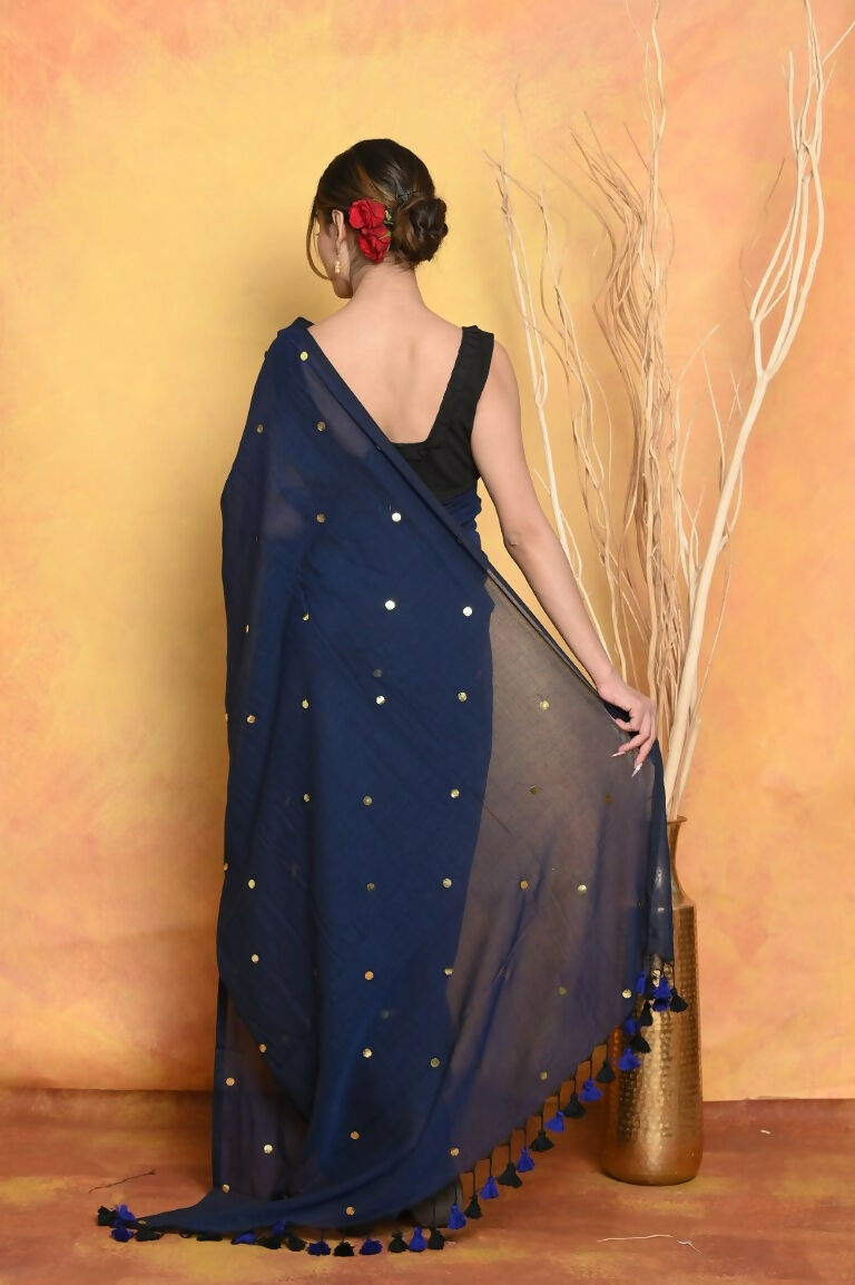 Very Much Indian Pure Mul Cotton Handloom Saree - Dark Blue - Distacart