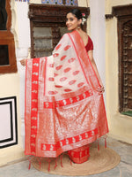 Thumbnail for Astita White & Red Linen Cotton Saree