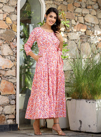 Thumbnail for Kaajh Women's Orange Ethnic Floral Hand Block Print Cotton Dress - Distacart