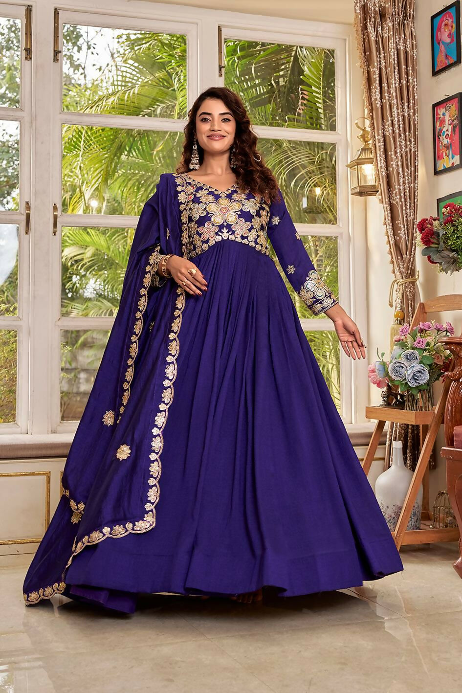 Teeya Creation Womens Casual Party Wear Heavy 5Mm Sequence Embroidery Work Gown Set - Dista