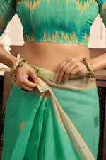 Thumbnail for Joban Fashion Teal Green Ikkat Linen Ready To Wear Saree With Unstitched Blouse - Distacart