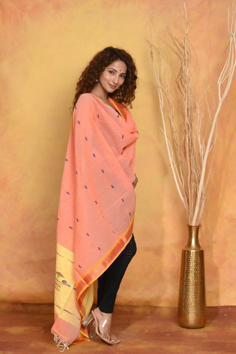 Very Much Indian Handloom Pure Cotton Paithani Dupatta Orange - Distacart