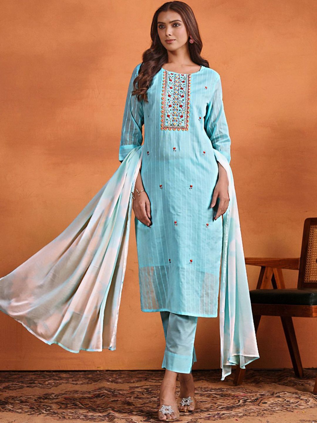 Sangria Ethnic Motifs Embroidered Thread Work Chanderi Cotton Kurta Trouser & Dupatta - Distacart