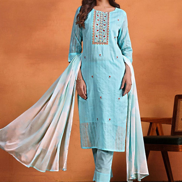 Sangria Ethnic Motifs Embroidered Thread Work Chanderi Cotton Kurta Trouser & Dupatta - Distacart