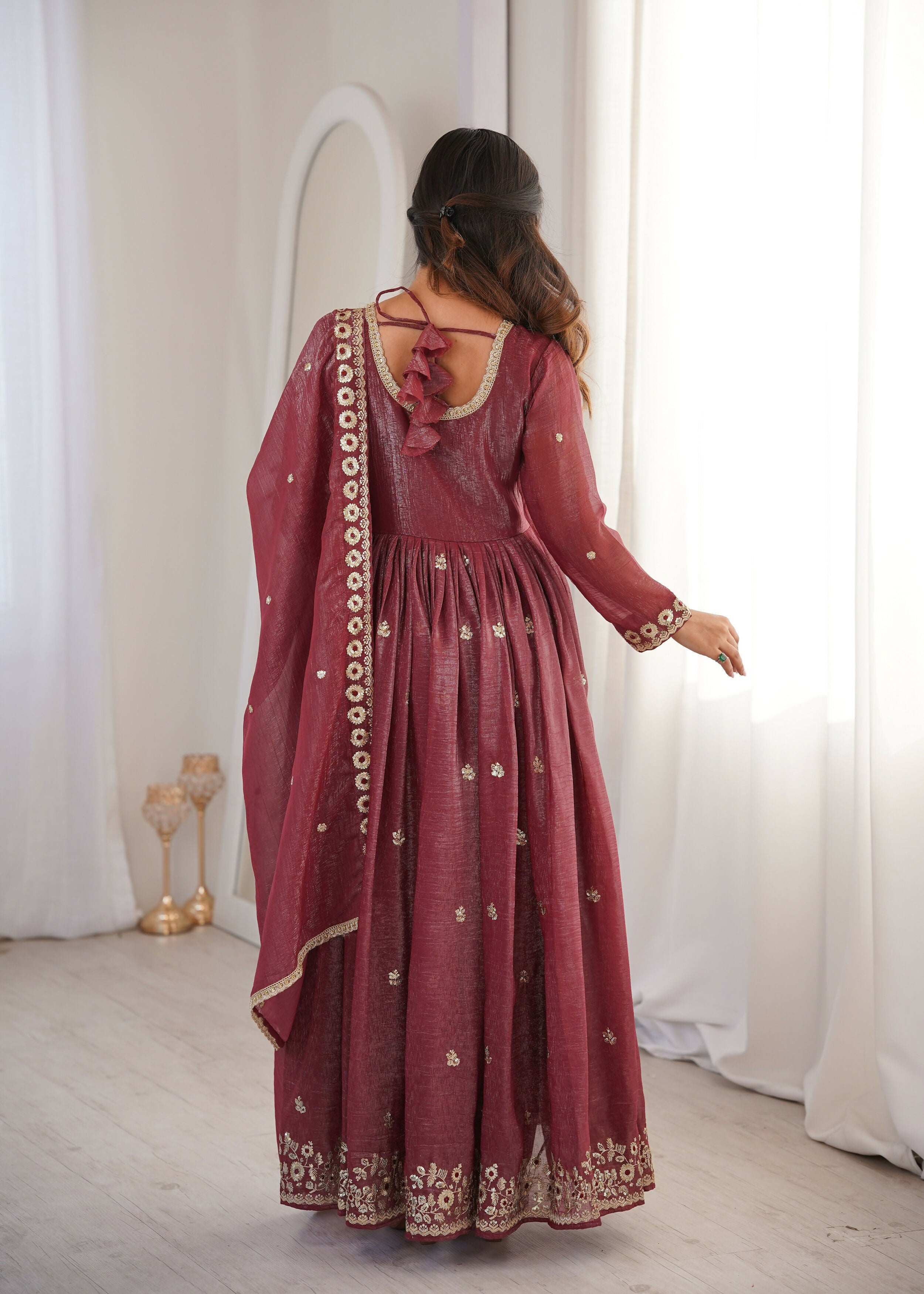 Teeya Creation Brown Crunchy Silk Wedding Wear Embroidery Work Design Gown - Distacart