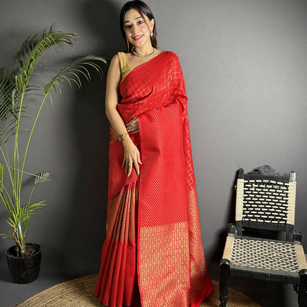 Joban Fashion Red Banarasi Soft Lichi Silk Checks & Woven Saree