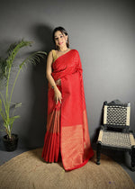 Thumbnail for Joban Fashion Red Banarasi Soft Lichi Silk Checks & Woven Saree