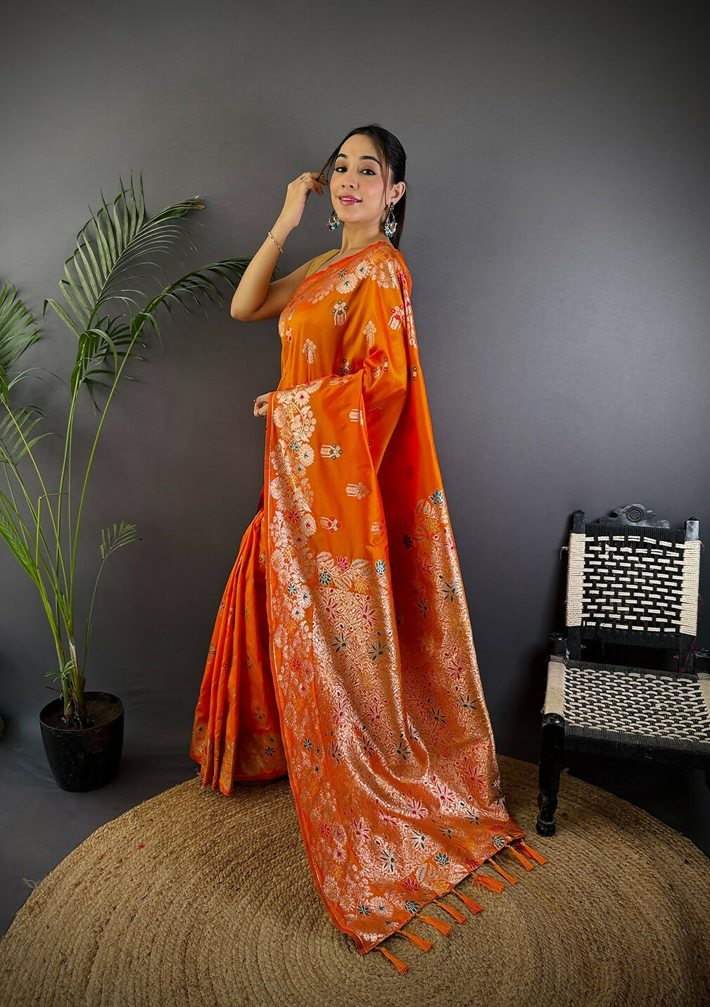 Joban Fashion Meenakari Orange Woven Soft Silk Saree