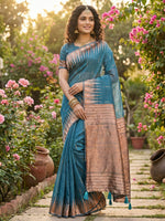 Thumbnail for Shree Shyam Fashion Blue Linen Cotton Saree - Distacart