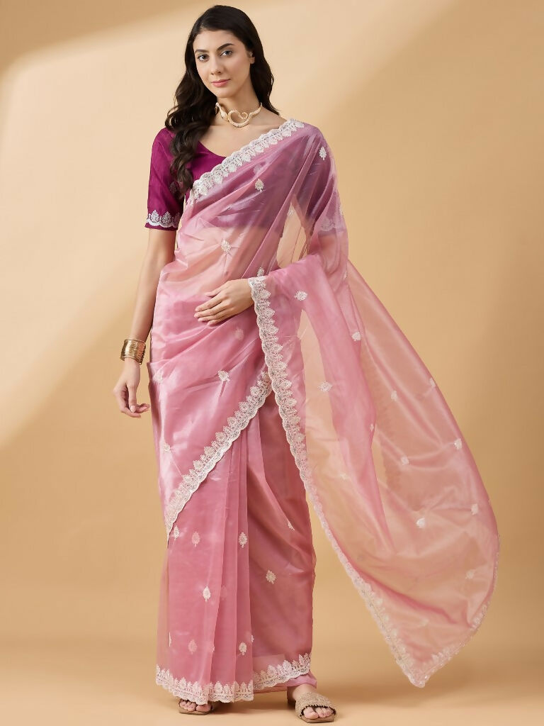 Pink Organza Sequence Embroidered Saree with Unstitched Blouse - Satya - Distacart