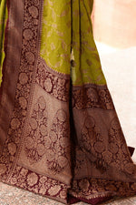 Thumbnail for Joban Fashion Grass Green Crepe Chiffon Pure Handloom Banarasi Silk Saree