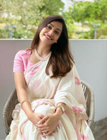 Thumbnail for Prime Volt Women's Cream Floral Digital Print Soft Linen Saree With Lace Border & Blouse - Distacart