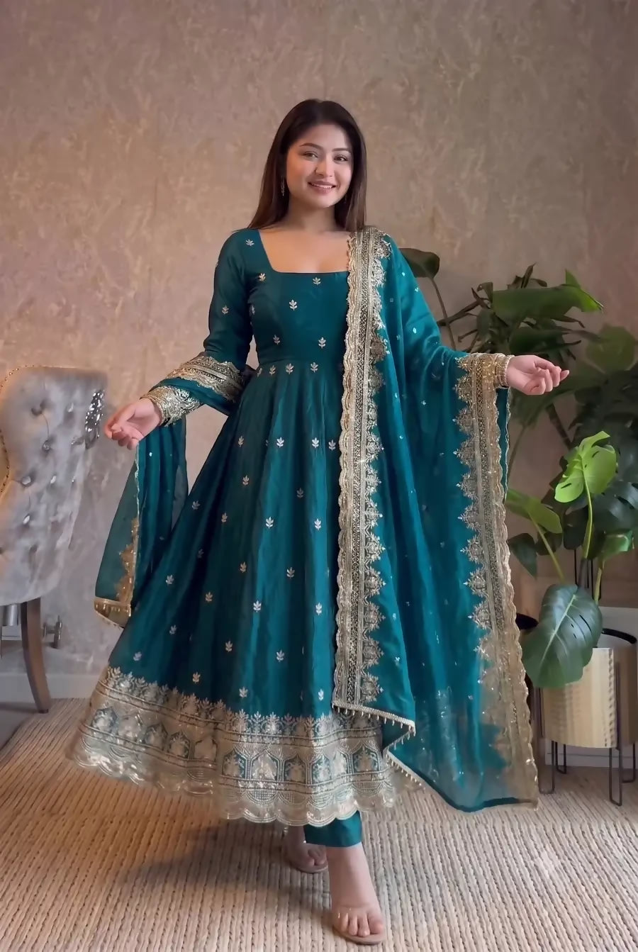 Teeya Creation Womens New Trendy Stylish Teal Blue Zari Embroidered Silk Anarkali Suit Set with Dupatta - Dista