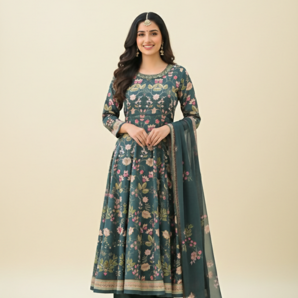Functional Designer Green Jam Silk Anarkali suit with Dupatta-Anbazaar - Distacart