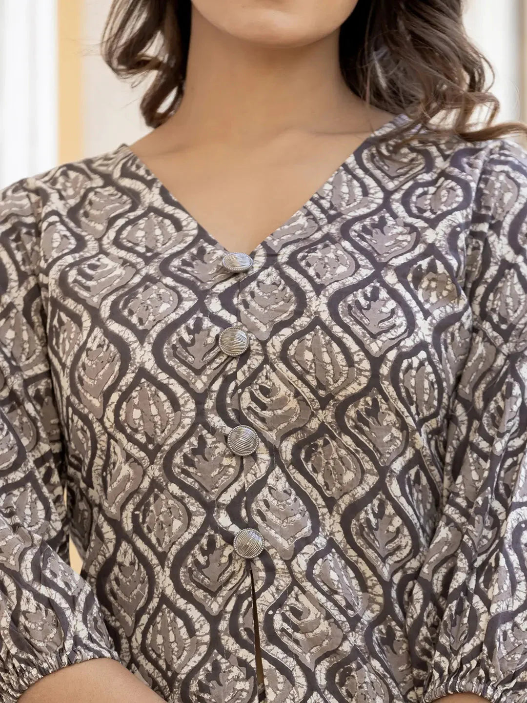 Yufta Ethnic Motifs Print Grey Cotton A-Line Co-Ord Set