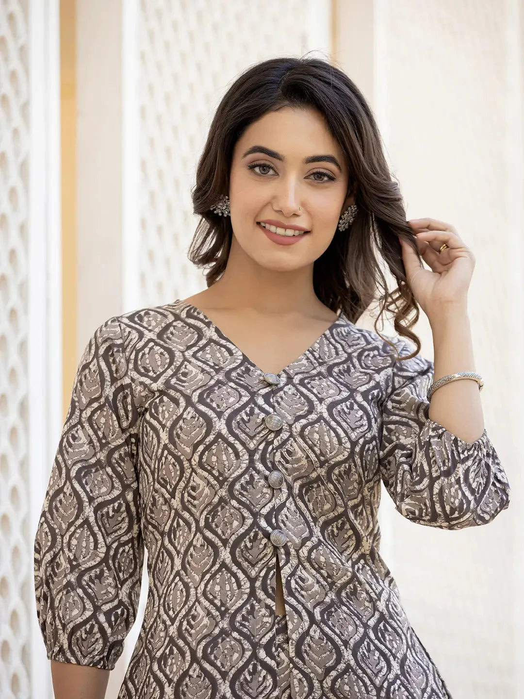 Yufta Ethnic Motifs Print Grey Cotton A-Line Co-Ord Set