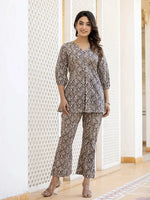 Thumbnail for Yufta Ethnic Motifs Print Grey Cotton A-Line Co-Ord Set