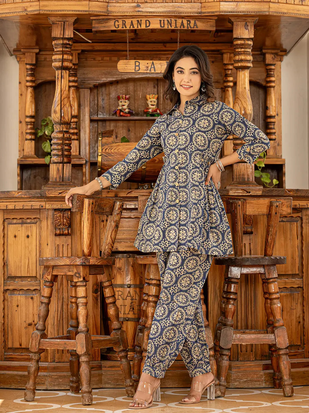 Yufta Ethnic Motifs Print Navy Blue Cotton Co-Ord Set - Distacart