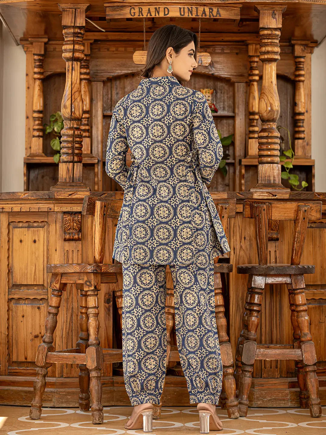 Yufta Ethnic Motifs Print Navy Blue Cotton Co-Ord Set