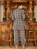 Thumbnail for Yufta Ethnic Motifs Print Navy Blue Cotton Co-Ord Set