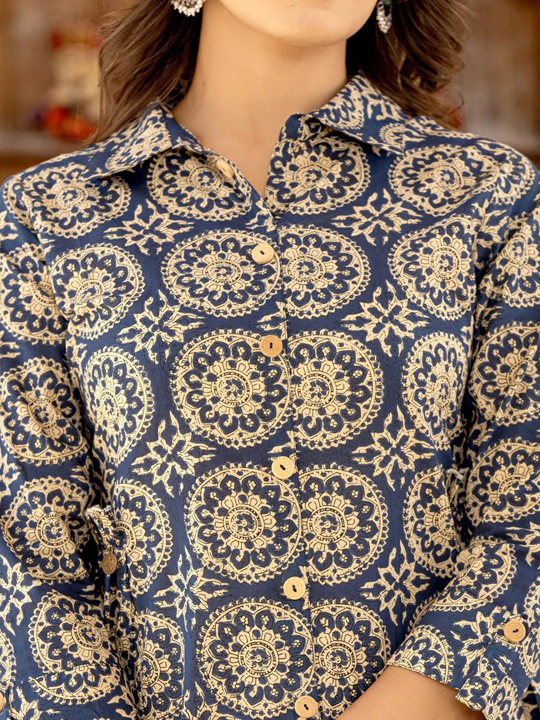 Yufta Ethnic Motifs Print Navy Blue Cotton Co-Ord Set