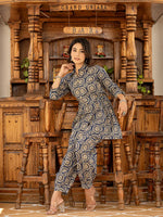 Thumbnail for Yufta Ethnic Motifs Print Navy Blue Cotton Co-Ord Set