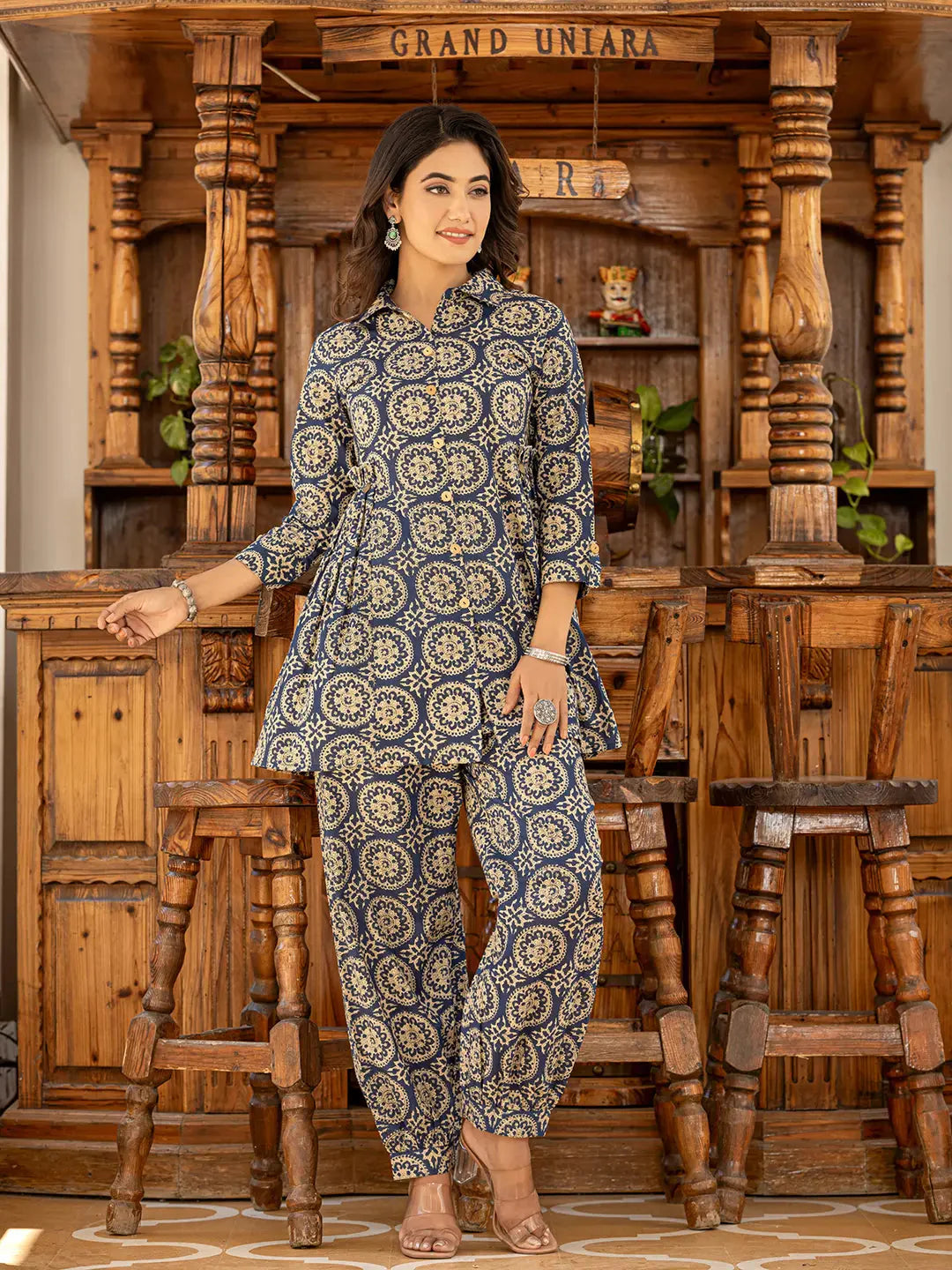 Yufta Ethnic Motifs Print Navy Blue Cotton Co-Ord Set