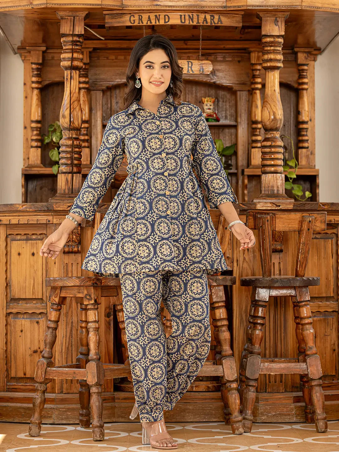 Yufta Ethnic Motifs Print Navy Blue Cotton Co-Ord Set - Distacart