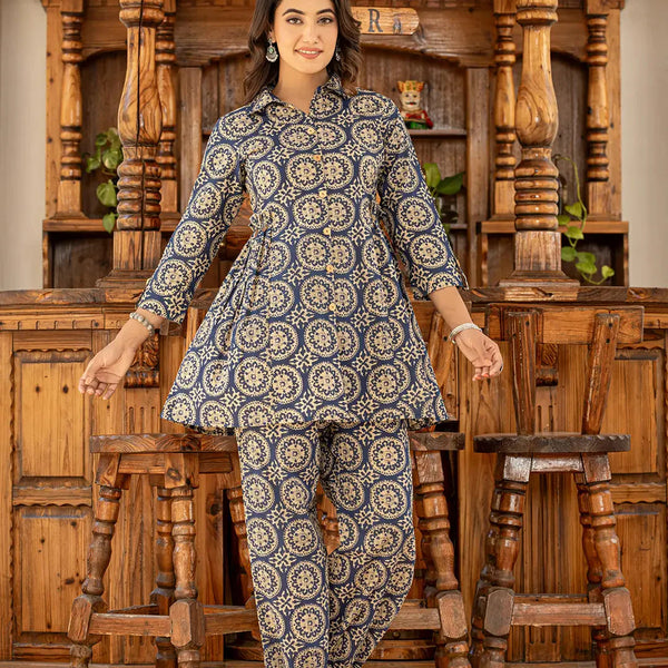 Yufta Ethnic Motifs Print Navy Blue Cotton Co-Ord Set - Distacart
