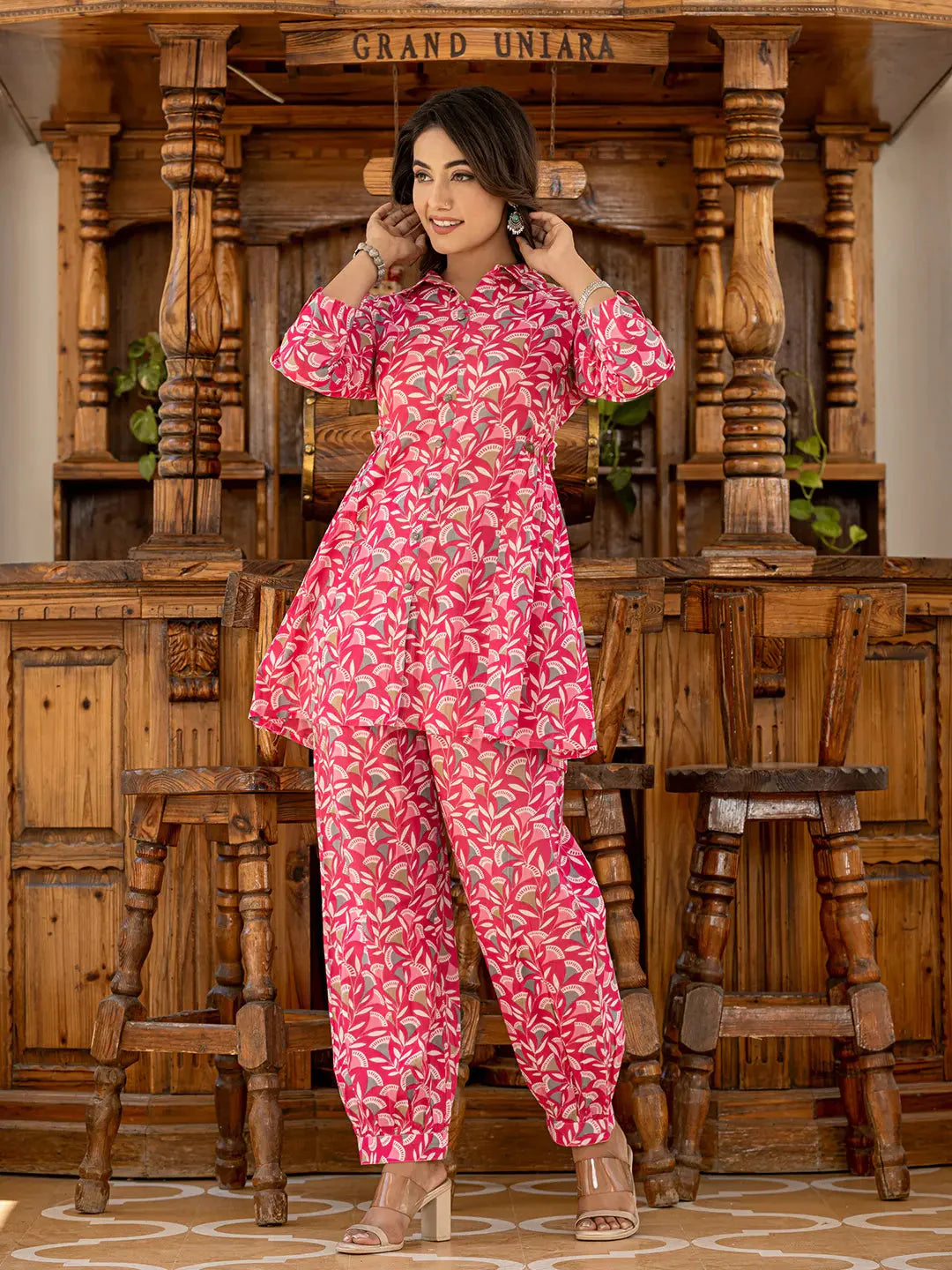 Yufta Ethnic Motifs Print Pink Cotton Co-Ord Set - Distacart