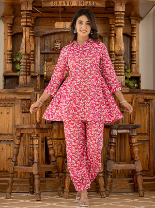 Yufta Ethnic Motifs Print Pink Cotton Co-Ord Set - Distacart